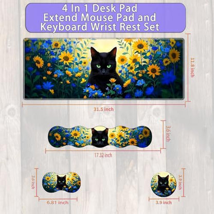 Large Gaming Mouse Pad Set with Wrist Support – 31.5" x 11.8" 4-in-1 XXL Mousepad with Keyboard Wrist Rest, Mouse Wrist Rest & Coaster – Ergonomic Desk Mat for Office, Home – Black Cat Flower - color: Black Cat Flower