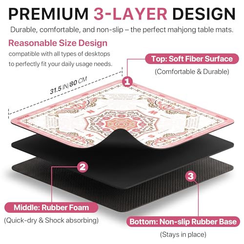 Mahjong Mat 31.5x31.5 inches – Quiet, Foldable Table Mat for Mahjong, Card Games & Board Games, 3-Layer Noise-Reducing Design, Waterproof & Easy-Clean, Includes Storage Bag (Pink - Regular) - color: Pink - Regular