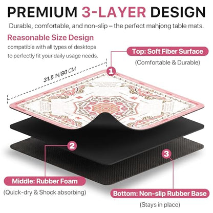 Mahjong Mat 31.5x31.5 inches – Quiet, Foldable Table Mat for Mahjong, Card Games & Board Games, 3-Layer Noise-Reducing Design, Waterproof & Easy-Clean, Includes Storage Bag (Pink - Regular) - color: Pink - Regular