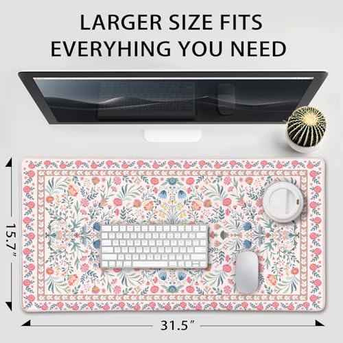Pink Floral Large Gaming Mouse Pad Desk Mat 31.5"x15.7" | Extended Mousepad, Non-Slip Rubber Base , Stitched Edges, for Computer/Laptop/Office/Home - color: Pink Floral