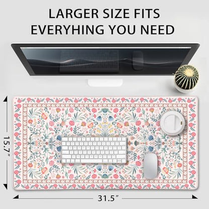 Pink Floral Large Gaming Mouse Pad Desk Mat 31.5"x15.7" | Extended Mousepad, Non-Slip Rubber Base , Stitched Edges, for Computer/Laptop/Office/Home - color: Pink Floral