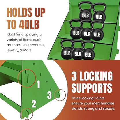 Wooden Portable Retail Table Display Stand Countertop 3 Step Riser Craft Shows, Farmers Markets Tradeshows |No Hardware Assembly Flat Pack Soap Display CBD Jewelry Spices Cups Tumblers Coasters | Green - color: Green