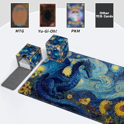 BVDIKMI Card Deck Box for MTG, Card Storage Box Fits 100+ Single Sleeved Cards, PU Leather Strong Magnet Card Deck Case Holder for Magic Commander TCG CCG, Sunflowers Blue Dragon - color: Sunflowers Blue Dragon