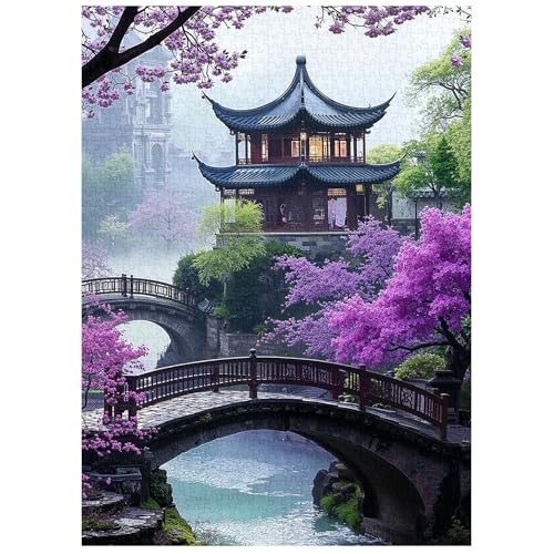 PICKFORU Plum Blossom Dreamscape Puzzles for Adults 1000 Pieces, Vintage Flower Tree Scenery Puzzles, Impossible Unique Lake Park Theme as Home Decor - style: Plum Blossom Dreamscape