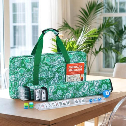 American Mahjong Tile Set, 166 White Tiles Mahjong Set, 4 Transparent All-in-One Rack/Pushers, Travel Game Set with Green Printed Carrying Bag - color: Green