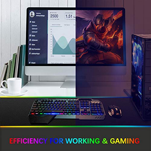 Wireless Gaming Keyboard Mouse & Mouse Pad Combo,3 in 1 Rainbow Backlit Rechargeable Keyboard with 3800mAh Battery Metal Panel Removable Hand Rest,RGB Gaming Mouse Pad(32.5x12 inch),Mute Gaming Mice - color: Rainbow