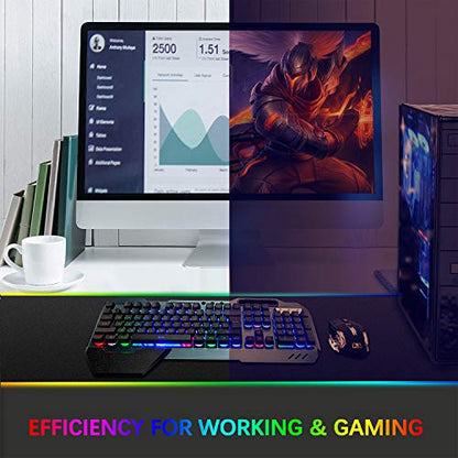 Wireless Gaming Keyboard Mouse & Mouse Pad Combo,3 in 1 Rainbow Backlit Rechargeable Keyboard with 3800mAh Battery Metal Panel Removable Hand Rest,RGB Gaming Mouse Pad(32.5x12 inch),Mute Gaming Mice - color: Rainbow