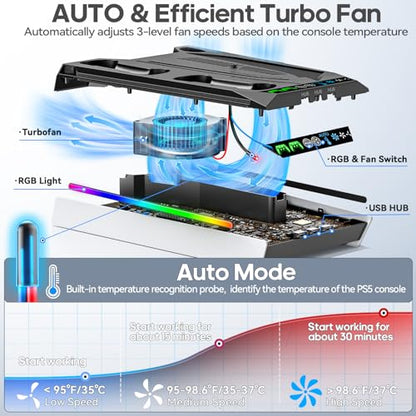 Tokluck PS5/Slim/Pro Cooling Station with Auto Turbofan & 3-Level Speed, PS5 Vertical Stand Cooling Fan Station with Controller Charger, Cooler Docking Station for PlayStation 4 Adapters - color: Black&White
