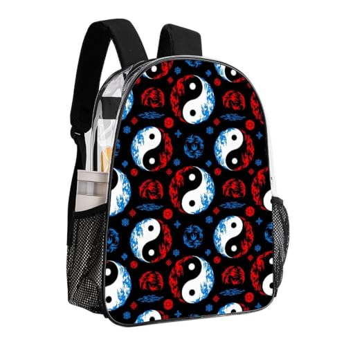 Stadium Approved Heavy Duty Clear Bookbag Adjustable Shoulder Straps | Heavy Duty, Tai Chi Water Fire Yin Yang Black, Transparent, PVC See Through Daypack - color: Pattern (833)