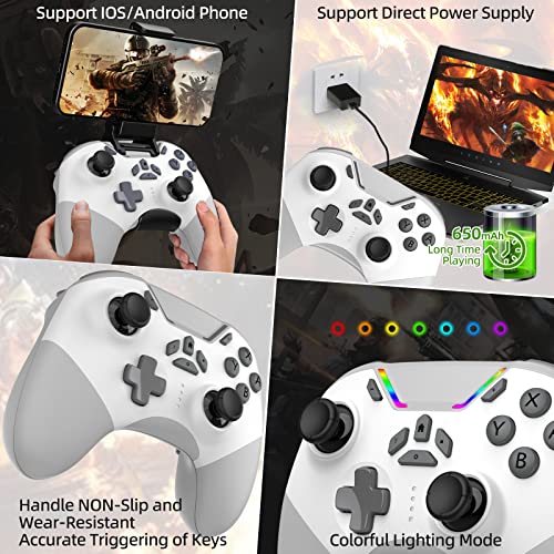 Hall Effect Bluetooth Controller for Switch/PC/iPhone/Android/Apple Arcade MFi Games/Mac/TV/Steam, Pro Wireless Game Controller with Phone Clip with Lock Speed/6-Axis Gyro/Dual Motors/Turbo/Switch Key - color: White