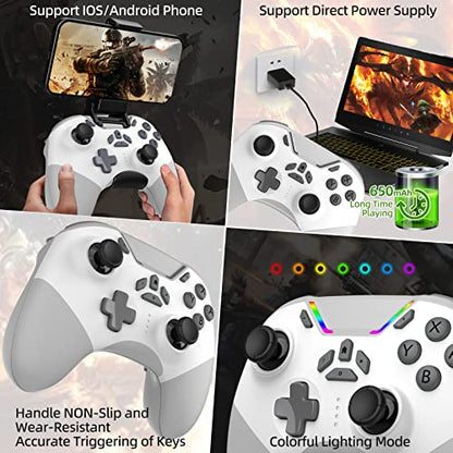 Hall Effect Bluetooth Controller for Switch/PC/iPhone/Android/Apple Arcade MFi Games/Mac/TV/Steam, Pro Wireless Game Controller with Phone Clip with Lock Speed/6-Axis Gyro/Dual Motors/Turbo/Switch Key - color: White