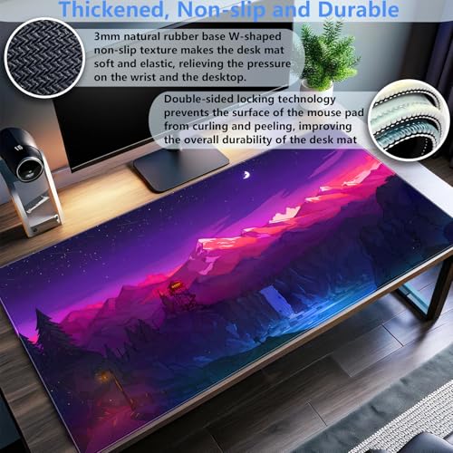 Purple Mountain Desk Mat, Night Sky Large Gaming Mouse Pad 31.5x15.7 in | Aesthetic purple starry night desk pad with comfortable 3mm cushion, smooth fabric top, and non-slip rubber base. - color: Anime Art Scenery1