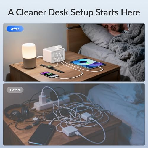 Gitryin 12-in-1 Desktop Modular Charging Station, 4 65W USB C Retractable Chargers with 33.5in Built-in Cables, ETL Surge Protector Charging Hub for Laptop, Phone, Tablet, Home Office Desk, White - color: White