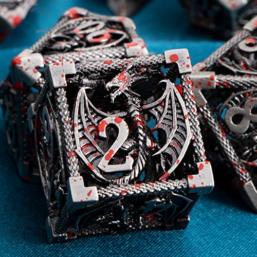 ARUOHHA Hollow DND Metal Dice Set Blood Dragons D and D Dice, RPG Role Playing Games Dungeons Polyhedral Dice with Gift Box D20 D12 D10 D8 D6 D4 - color: Blood Splash