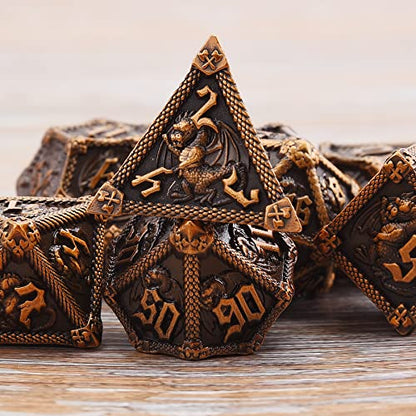 AUSTOR 7-Die Metal DND Dice Set Dungeons and Dragons Polyhedral Roll Playing Dice with Box D20 D12 D10 D% D8 D6 D4 for Pathfinder MTG RPG Board Games - color: Ancient Gold