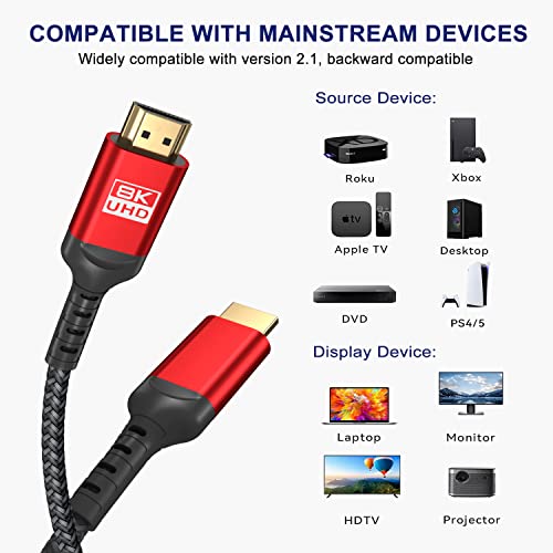8K HDMI 2.1 Cable 20ft, 48Gbps Ultra High Speed Braided Cord, Supports 4K@120Hz 8K@60Hz, eARC HDR10+ HDCP 2.3, Compatible with PS5, Xbox Series X, RTX 4090, Gaming PC & Monitor - size: 20 Feet