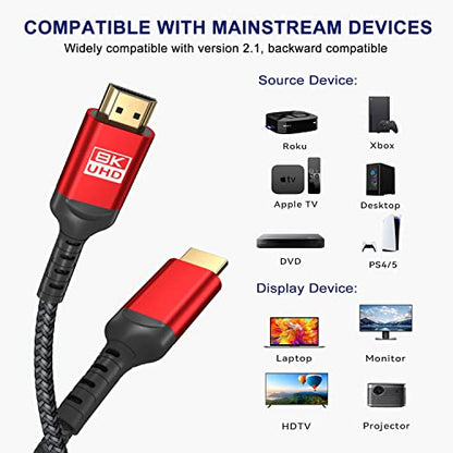 8K HDMI 2.1 Cable 20ft, 48Gbps Ultra High Speed Braided Cord, Supports 4K@120Hz 8K@60Hz, eARC HDR10+ HDCP 2.3, Compatible with PS5, Xbox Series X, RTX 4090, Gaming PC & Monitor - size: 20 Feet