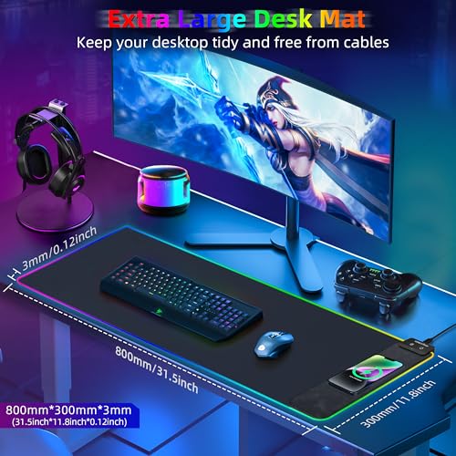 Gaming Mouse Pad, Wireless Charging Mouse Pad Gaming, 31.5"x11.8" Large RGB Desk Mat for Laptop/Computer/Keyboard, 9 Light Modes, Waterproof Smooth Surface, Non-Slip Base, Black - color: Black+RGB
