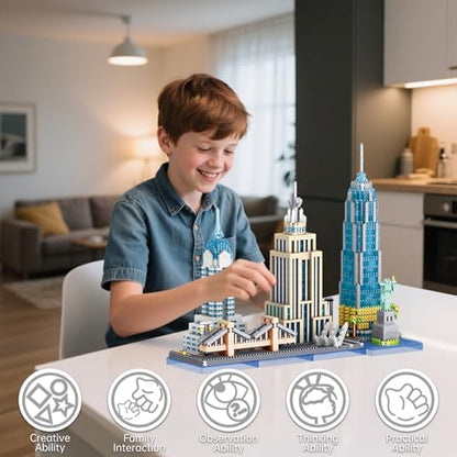 New York Skyline Micro Mini Blocks Building Set, The Statue of Liberty,Empire State Architecture Building, Brooklyn Bridge, Gift for Kids and Adults (3262 Pieces) - style: New York Skyline