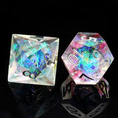 Haxtec Rainbow Sharp Edge Dice Set DND Dice with Iridescent Mylar Resin Dice Galaxy D&D Dice for RPG Role Playing Compatible with Dungeons and Dragons Gift - color: White Blue Red Yellow