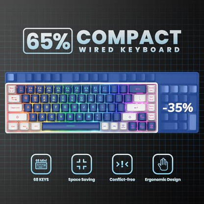 GEODMAER 65% Gaming Keyboard, LED Backlit Mini Wired Keyboard, Ultra-Compact Anti-Ghosting No-Conflict 68 Keys Membrane Gaming Wired Keyboard for PC Laptop Windows Gamer
