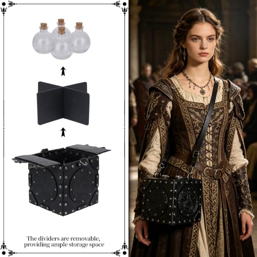 HiiFeuer Medieval Alchemist Crossbody Bag, Embossed Leather Riveted Potion Box with Bottles, Wizard Storage Box for Ren Faire (Black A) - color: Black A