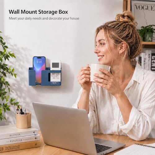 Strong Adhesive Wall Mount Phone Holder D3 Punch-Free Bedside Phone Shelf with Charging Port, Sticky Remote Control Storage Box, Bathroom & Kitchen Wall Organizer (Blue) - color: Blue
