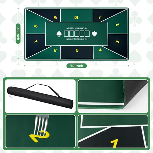 Poker Table Topper 70"x35" Poker Mat for Table Non Slip Rubber Backing Blackjack Mat with Carry Bag for Home Poker Card Game Night Up to 10 Players (Green with White Edges) - color: Green With White Edges