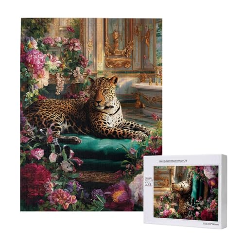 Vibrant Glamorous Leopard in Lush Floral Bath Space Wooden Jigsaw Puzzles for Adults 500 Pieces, Relaxing Escape from Daily Stress, Living Room Display Project, Party Game,Home Decor