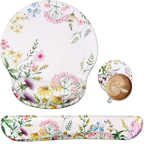 iLeadon Mouse Pad with Wrist Support Keyboard Wrist Rest Set, Ergonomic | Mouse Pad with Non-Slip Base for Computer Laptop Home Office + Coasters, Easy Typing & Pain Relief Mouse Mat, Wild Flowers - color: Wild Flowers