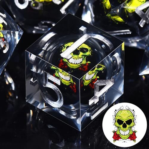 AUSTOR 7 Die DND Dice Set - 7 Pieces Green Skull Resin Dice - D20, D12, D10, D8, D6, D4 Sharp Edge Dungeons and Dragons Dice with Case - color: Green Skull