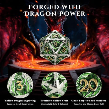 MoKo Dragon Hollow Metal DND Dice Set, Green+Gold | 7 Pcs Polyhedral, D20 D12 D10 D8 D6 D4, For Dungeons and Dragons RPG Games, With Gift Box - color: 4 - Green+gold