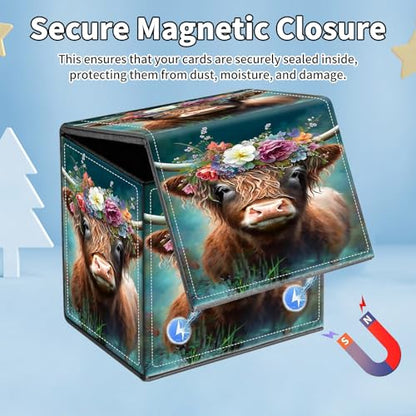 Card Deck Box for MTG Commander,Collectible Trading Storage Box Fits 120+ Single Sleeved Cards Magnetic Case PU Leather for Magic Commander TCG CCG MTG,Cute Highland Cow - color: Cute Highland Cow