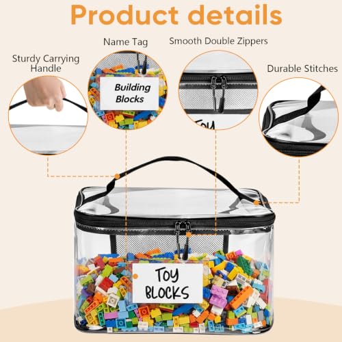 Clear Toy Storage Bags, 10-Pack PVC Organizer Bags with Labels | Reusable PVC bags with zipper, label and manual pockets for blocks, board games, puzzles, books, classrooms and travel