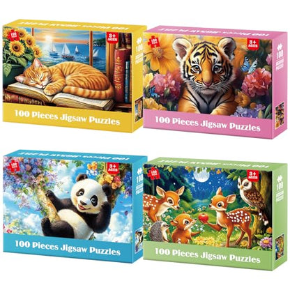 Jeacirio 4-Pack 100 Pieces Puzzles for Kids Ages 4-6 6-8 Panda Tiger Deer Cat Puzzles 100 Pieces Jigsaw Puzzles for Kids 8-10 Year Old, Large Piece Puzzle for Seniors, Puzzle Toys for Boys and Girls - style: Panda Tiger Deer Cat