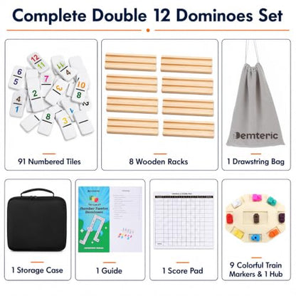 Mexican Train Dominoes Double 12, 91 Numbered Tiles, 8 Racks & Hub | Colorful Numbered Tiles, Wooden Racks, Center Hub, Portable Case, Great for Family Game Nights & Party Games - style: Double 12 Number + 8 Racks