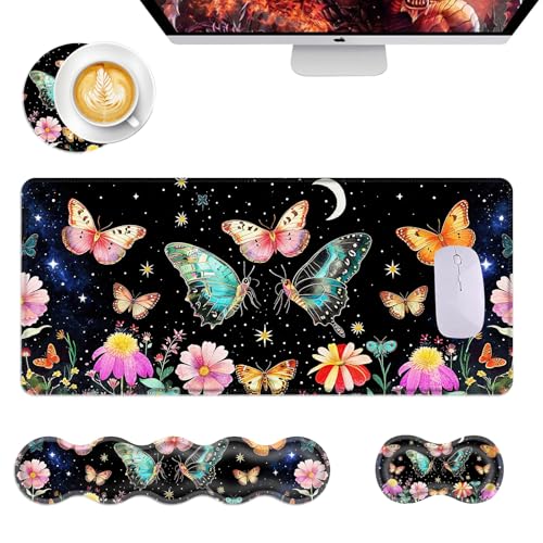 Mouse Pad,Large Desk Mat Set, 4in1 XL Mousepad + Keyboard Wrist Rest+Mouse Wrist Rest+Coaster with Ergonomic Desk Pad for Home Office Table Computer Cover -Butterfly Moon Flower - color: Butterfly Moon Flower