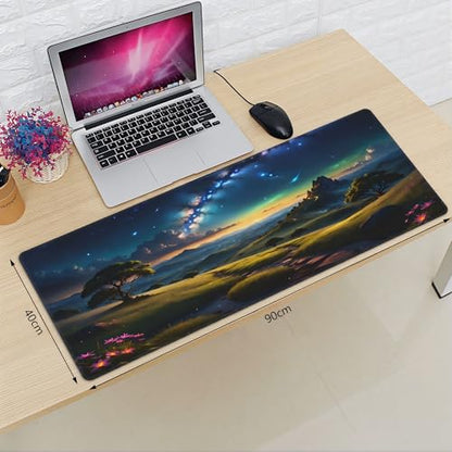 XXL Gaming Mouse Pad 35.4x15.7 inch, Starry Mountain Path Landscape Theme Desk Mat,Large Green Meadow Flower Scene Mousepad (Green Meadow) - color: Green meadow
