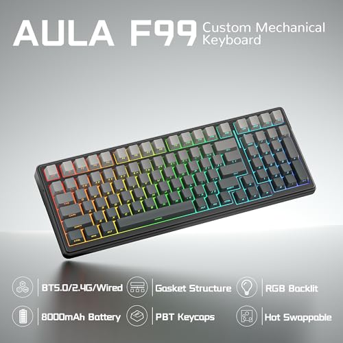 Aula F99 Wireless Mechanical Keyboard, Side Printed PBT Keycaps, Gasket Structure Hot Swappable, Creamy Sound, RGB Backlit, Tri-Mode 2.4GHz/BT5.0/USB-C PC Gaming Keyboard for PC/Laptop/Tablet - color: Gradient Black