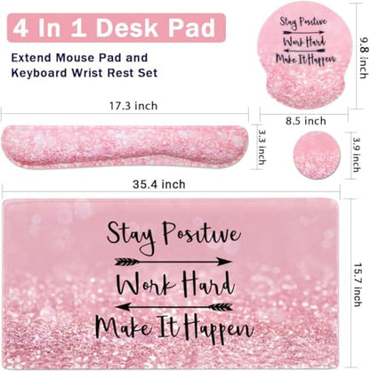 4-in-1 Gaming Mouse Pad Wrist Support Set，Desk Pad + Mouse Pad with Wrist Rest + Keyboard Wrist Rest + Coaster, Ergonomic Design for Home Office Study Game - Pink Stay Positive - color: 4 Pcs Pink Stay Positive