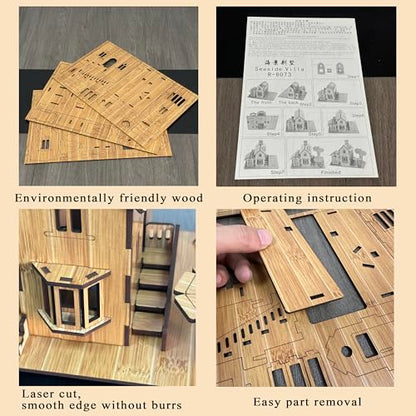 3D Puzzles for Adults, Log Cabin DIY Wooden House Model Kits for Adults to Build, Country Cottage Building Model, 3D Jigsaw Brain Teaser Puzzle, Dollhouse (Seaside Villa)