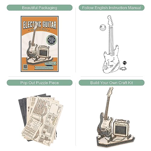 Rowood 3D Puzzles for Adults, DIY Wooden Model Kit for Adults to Build, STEM Electric Guitar Desk Toy Project, Birthday Gifts for Music Lovers