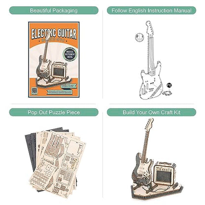 Rowood 3D Puzzles for Adults, DIY Wooden Model Kit for Adults to Build, STEM Electric Guitar Desk Toy Project, Birthday Gifts for Music Lovers