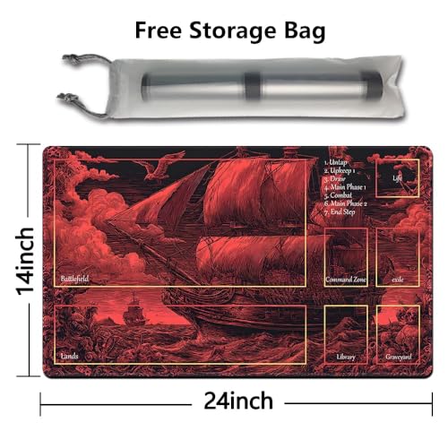MTG Playmat 24x14 Inch | Optional Game Zone Layout | Non-Slip Rubber Base | Stitched Edges | Includes Free Storage Bag | for TCG, Board Games, and Desk Use(Bloodsail,with Zone) - color: Bloodsail, style: With zone