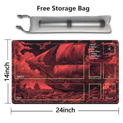 MTG Playmat 24x14 Inch | Optional Game Zone Layout | Non-Slip Rubber Base | Stitched Edges | Includes Free Storage Bag | for TCG, Board Games, and Desk Use(Bloodsail,with Zone) - color: Bloodsail, style: With zone