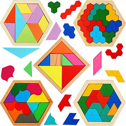 Jerify 5 Pack Wooden Tangram Puzzle for Kids, Brain Teaser Puzzles | Wooden Hexagon Puzzle Block Teaser, Pattern Blocks, Tangram Puzzle, Geometric Shapes Tangram Games, Boys Girls Toddler 1-3 - style: Geometry