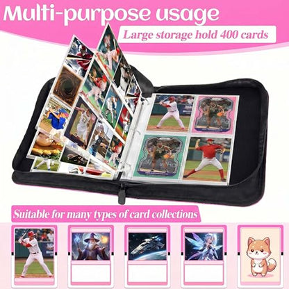 Card Binder 4 Pocket, Trading Card Holder Album Book, 50 Removable Sleeves Hold 400 Cards, PU Leather Zipper Portable Game Collection Card Case Ideal Gift (Pink) - color: Pink, size: Medium