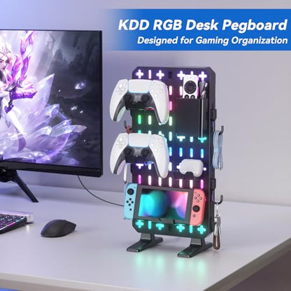 KDD 6 in 1 RGB Gaming Desk Accessories - No Drill Desk Organizer with Phone Stand/Storage Box/Headset & Controller Holder/Hooks, Freestanding Gaming Pegboard for Office & Home Desktop Decor Organizer