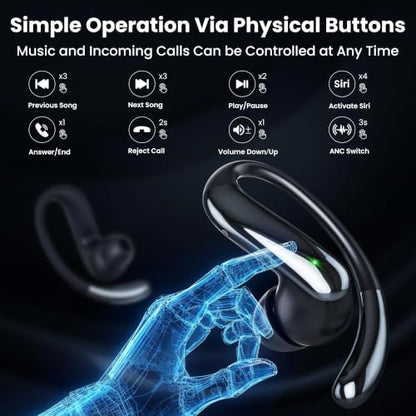 Wireless Earbuds Bluetooth 6.0 Headphone, Sport Bluetooth Earbuds Stereo Deep Bass Over Ear Bud with Earhooks,Active Noise Cancellation, Bluetooth Headphones for Gym/Running/Workout Black - color: Black