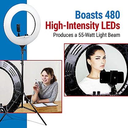 Vidpro RL-18 LED 18-Inch Ring Light Kit with Stand and Case - 55W Dimmable 3200-5600K Variable Color Control Ring Light Set Compatible with Most Cameras and Smartphones Perfect for Photography Live